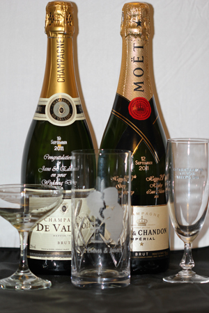 Engraved Champagne bottles and glassware